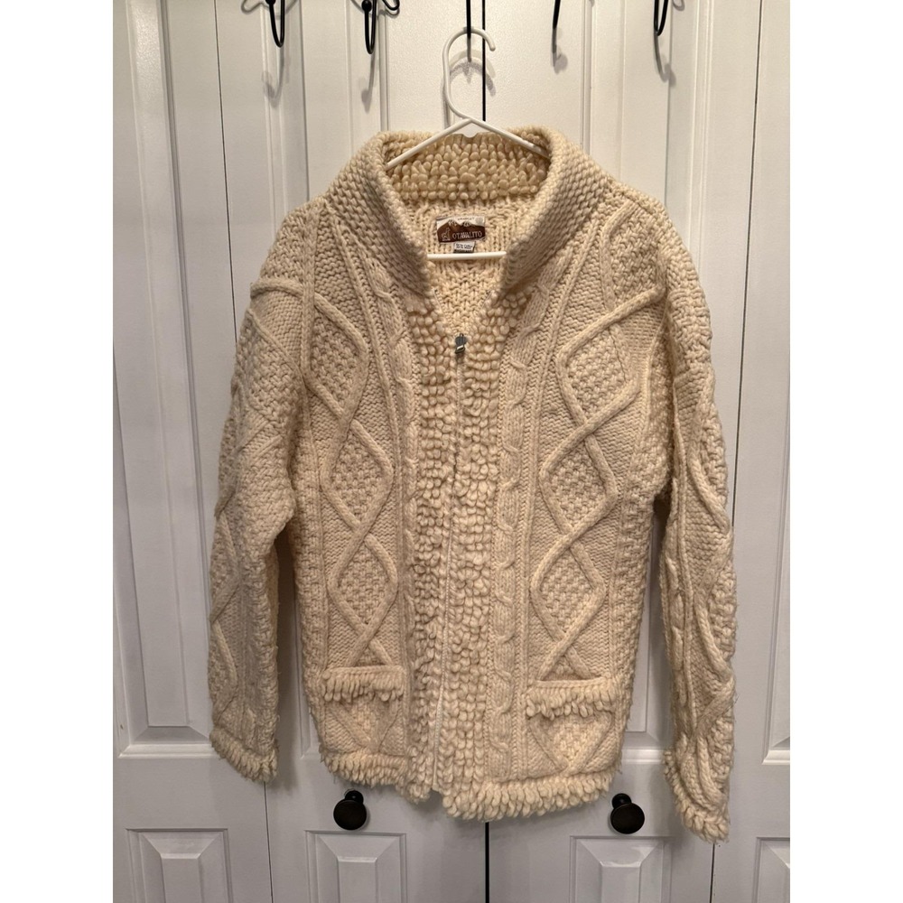 Sz M L Vintage OTAVALITO Handknit Wool Zip‎ Sweater Jacket Ecuador Sherpa Woven